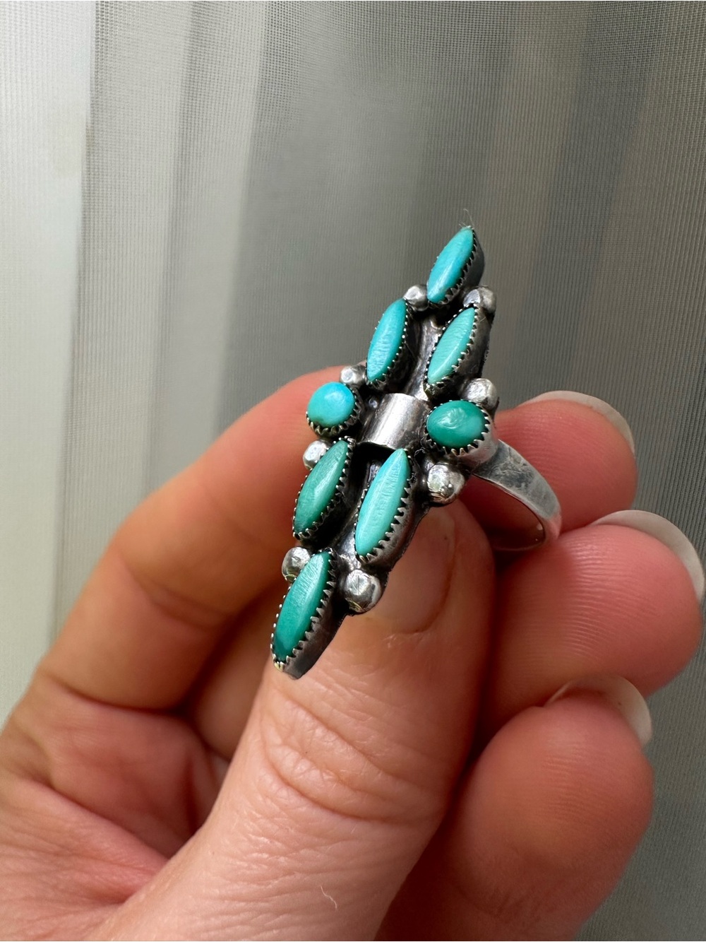 Zuni Turquoise Marquise Cluster Sterling Ring - Women Jewelry Old Pawn Size 6